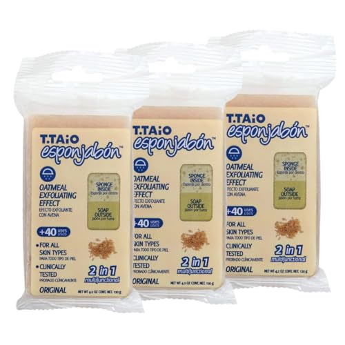 T.Taio – EsponJabón Avena – Unisex – Pack 3 uds – Efecto Hidratante y Reparador – Esponja + Jabón 2 en 1 para Limpieza Profunda – Calma, Exfolia y Protege la Piel Sensible o Irritada