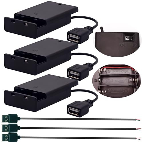 CTRICALVER 4,5V 3 AA-Batterieträger mit Schalter und Abdeckung Batterie, Batterieträgerbox mit Draht USB-Steckdose + 0,3 m USB-Stecker Kabel Set *3 Geeignet für LED-Streifen oder DIY