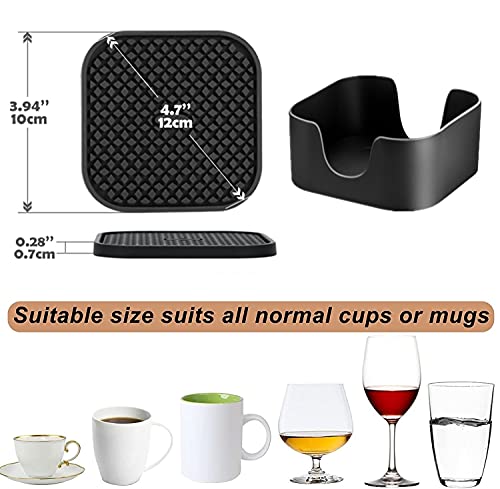 Set of 6 Silicone Drink Coasters with Holder, Deep Grooved, Absorbent, Large 4 inch Square Cup Mat - Image 2