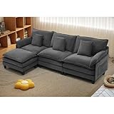 Comfy Cloud Couch with Movable Ottoman, 106' Modular Sectional Sofa, L Shaped Modern Sofa with Pillows, Deep Seat Couches for Living Room, Bedroom and Apartment, Grey