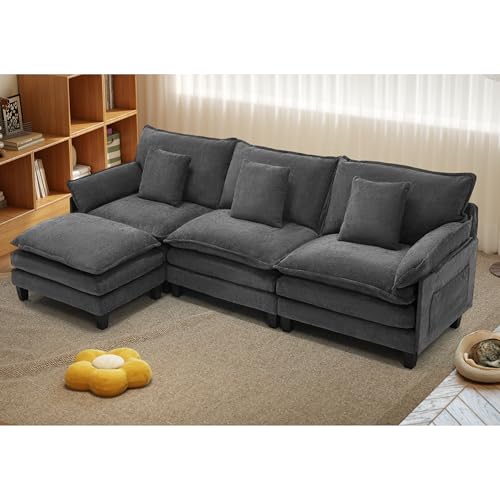 Image of 106 inch L Shaped Modular Sectional Cloud Couch, Modern Sofa with Ottoman, 4-Seat Deep Seat Sofa with Pillows for Living Room, Bedroom and Apartment, Grey