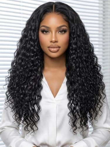 Image of KLAIYI Water Wave Pre Everything 13x4 HD Lace Frontal Human Hair Wig with Baby Hair Drawstring Glueless Pre Plucked Bleached Bye Bye Knots Curly 30S Ready to Wear and Go Wig Beginner Friendly 28Inch