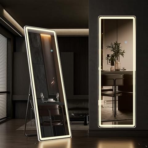 Full Length Mirror with LED Lights, 60"x16" LED Floor Mirror with Dimming & 3 Color Lighting, Free Standing LED Floor Mirror, Lighted Full Body Mirror for Bedroom, Dressing Room, Cloakroom Cover