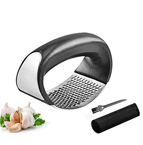 Knoblauchpresse-Wippe, Knoblauchzerkleinerer aus Edelstahl mit Silikonschlauchschäler und Reinigungsbürste, einfach zu bedienen-schwarz Cover