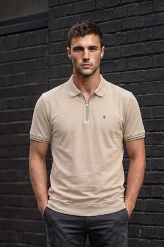 Image of Louis Philippe Men's Slim Fit Zipper Polo T-Shirt in 100% Cotton Pique Fabric for Casual Wear