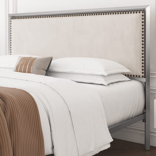 Hithos Queen Size Silver Metal Bed Frame With Velvet Upholstered Headboard, Platform Bed With 10.4" Under Bed Storage, Mattress Foundation With Nailhead, No Box Spring Needed (Silver Beige/Velvet, Q) #TOP4