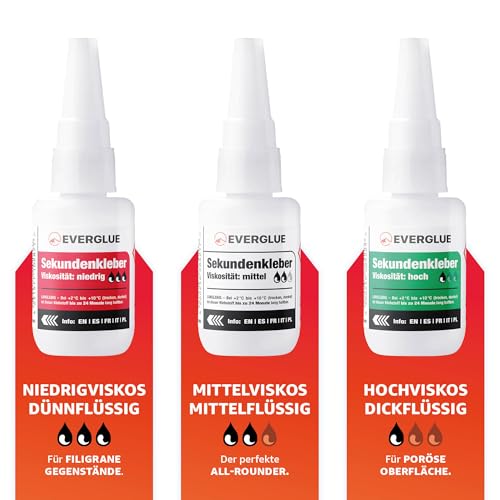 Everglue Sparset Sekundenkleber lange Haltbarkeit dünn + mittel + dick à 20g + Aktivator 200ml - Industriekleber extra stark für universelle Reparatur und Instandsetzung in Hobby Beruf und Haushalt