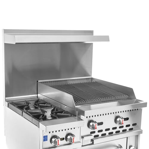 Image of Kratos 36 inch Wide Commercial Gas Range with 24 inch Charbroiler, 2 Burners, and Full Size Oven, 154,000 BTU Output, Freestanding Range for Restaurants, Liquid Propane