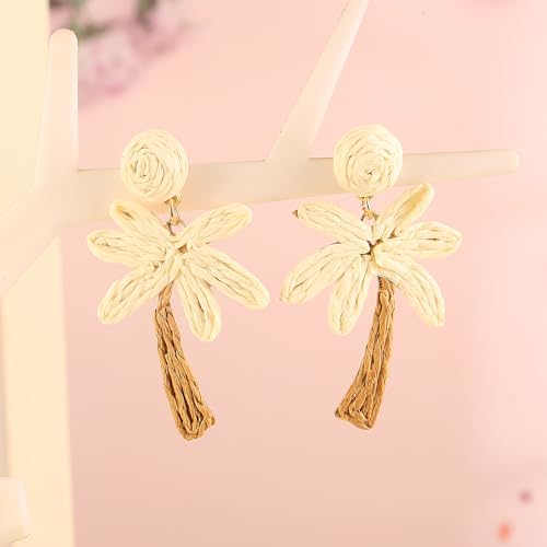Image of Handmade Raffia Hoop Earrings Statement Tropical Bohemian Straw Dangle Earrings Natural Rattan Vacation Style Round Earrings for Women Summer Beach Party Essential Jewelry