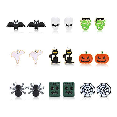 NLCAC Halloween Stud Earrings Set-Mixed Ghost Bat Black Cat Spider Cobweb Halloween Theme Post Stud Earring 9 Pairs