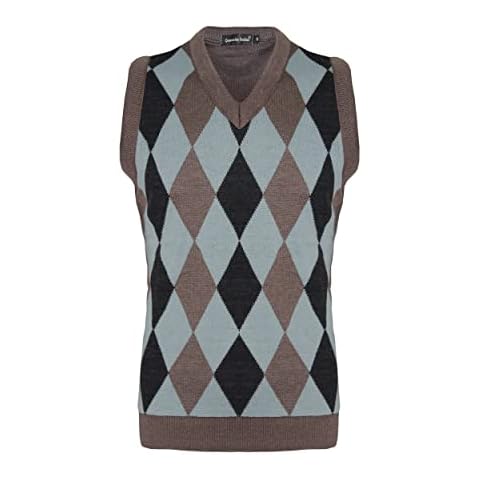 New Men Sleeveless Knitted V-Neck Argyle Pattern Jumper Top Sweater Vest with Ribbed Edge UK Size S M L XL[Mocha-Black,L ] Cover