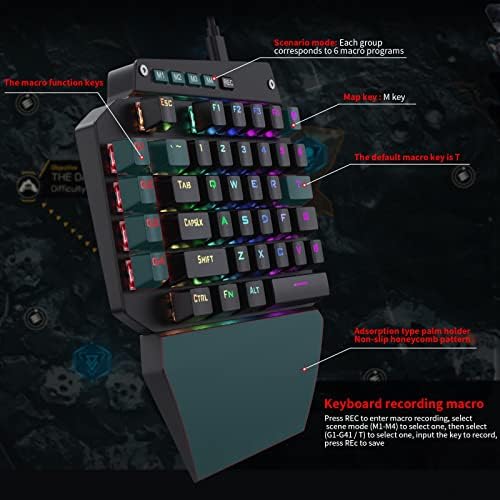 One Handed Mini Mechanical Gaming Keyboard, E-Yooso 44 Key with Macro Keys RGB LED Backlit Detachable Wrist Rest Wired KeyPad for PS4,PUBG/Wow/Dota/FPS/LOL/MOBA Game (DIY Clicky Blue Switch)