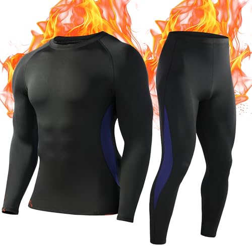 Roadbox Mens Thermal Underwear Fleece Lined Long Sleeve Tops & Leggings Compression Sports Base layer for Winter Cycling Football