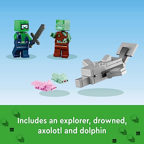 LEGO Minecraft The Axolotl House 21247 Building Toy Set, Creative Adventures at a Colorful Underwater Base, Includes a Diver Explorer, Dolphin, Drowned and More, Minecraft Toy for 7 Year Old Kids