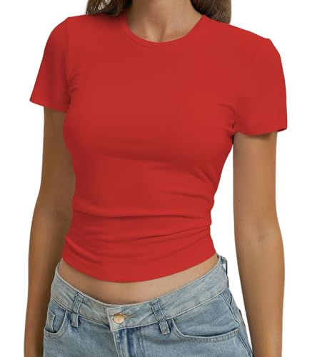 Image of OYIGELZ Women's Basic Short Sleeve Crop Top Y2K Slim Fit Casual T Shirt White Basic Tops Streetwear Tee(Red-T1,XS)