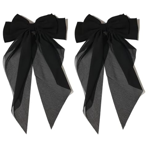 LFOUVRE Hair Bows Hair Clip, 2pcs Black Bow Metal Clips Hair Bows for Women, French Black Hair Bows Ribbon Big Bows with Long Tail Bowknot Hair Barrettes, Hair Accessories for Women and Girls Cover