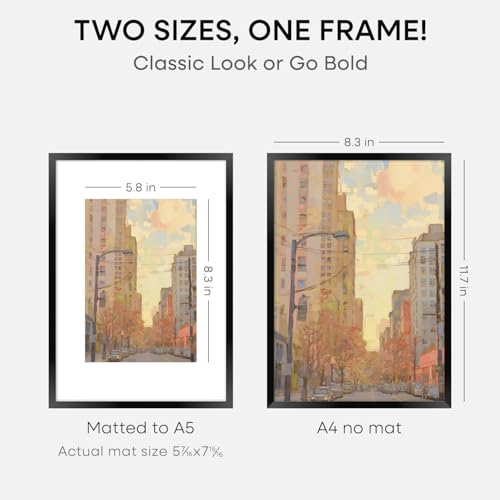 Image of Homeforia A4 Picture Frame Black, High End Metal 8.3 x 11.7 Frames for Wall, A4 Photo Frame with Mat for A5 inch Print, 8.25 by 11.75 Black Poster Frames, 8.3x11.7 Frame with Glass, Wall Kit, Set of 2