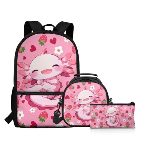 Showudesigns Cute Axolotl Backpack for School Girls Elementary School Bag and Lunch Bag Set Pencil Case 3 In 1 Pink Strawberry Bookbag Preschool Middle School Back Packs Kids Child Satchel Daypack