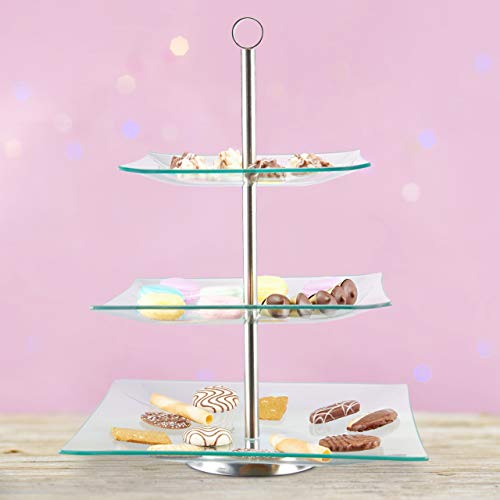 Foto von Relaxdays Etagere, 3-stöckig, eckig, Cupcakes, Kekse, Snacks, Obst, Glas, Edelstahl, Servierständer, transparent/silber, 40 x 30 x 30 cm