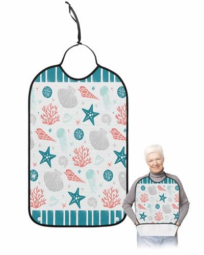 LEOKOTI Teal Red Coastal Adult Bibs for Eating, Waterproof Bibs with Food Catcher & Adjustable Snap Closure, Ocean Nautical Starfish Coral Striped Washable Clothing Protectors Adult Bibs for Elderly