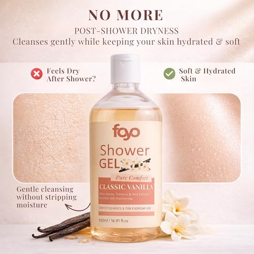 Image of FOYO Vanilla Body Wash 500ml | Hydrating Shower Gel with Niacinamide, Aloe & Glycerin | Gentle Cleanser for Soft, Smooth Skin | Warm & Creamy Fragrance | For Men & Women