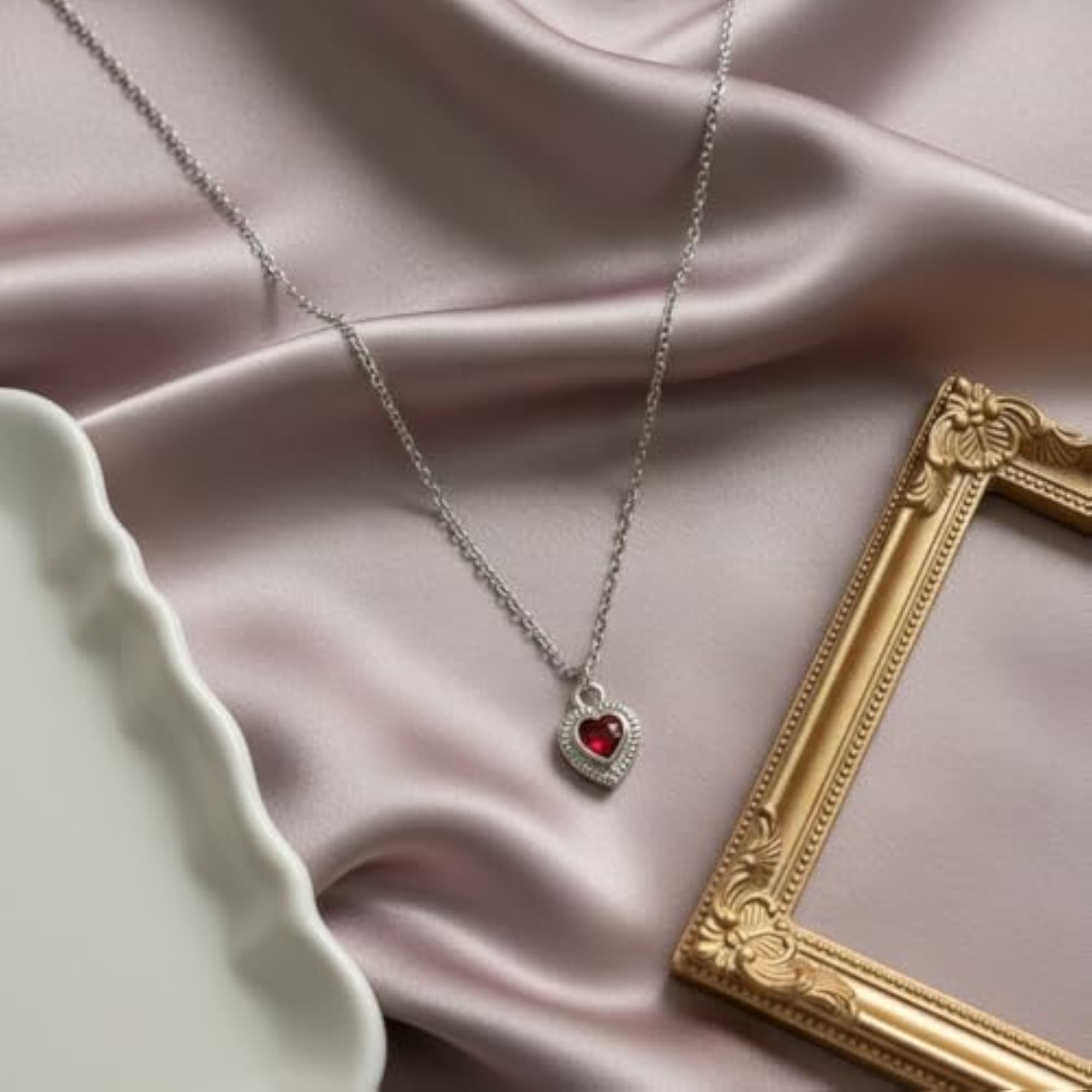 Silver Plated Heart Pendant Necklace with Red Crystal Stone