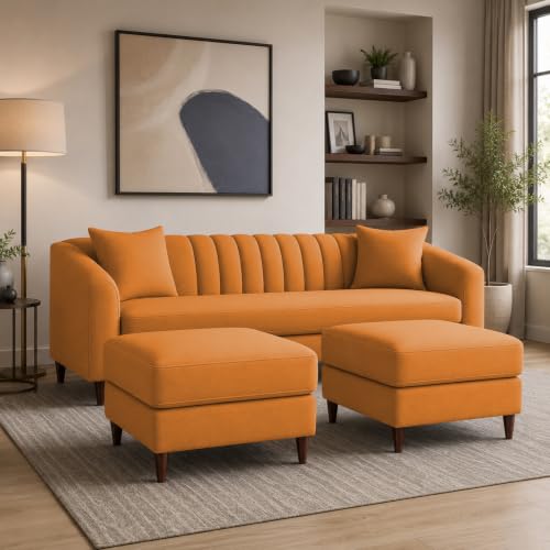Image of Doraldo 3 Seater Sofa Set with 2 Ottoman for Living Room (Orange) Premium Fabric Sofa
