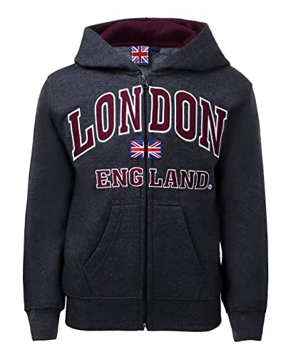 Itzu Kids Youth London England Hoodie Full Zip Up Top Cotton Union Jack Childrens Jumper (Charcoal Zip - 5-6 Years)