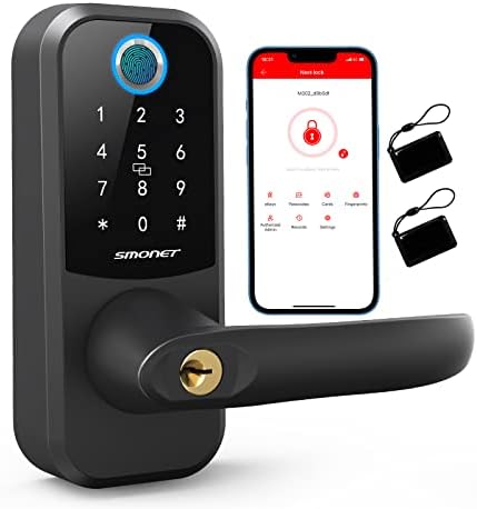 Smart Lock,SMONET Fingerprint Door Lock with Keypad,Keyless Entry Door Lock with Handle,Wireless Electronic Bluetooth Digital Auto Door Lock with Free APP Key Fob Passcode,Smart Locks for Front Door