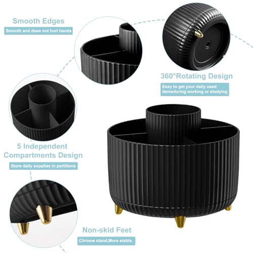 Image of Cayxenful Pencil Holder For Desk,5 Slots 360Degree Rotating Desk Organizers And Accessories,Desktop Storage Stationery Supplies Organizer, Cute Pencil Cup Pot For Office, School, Home (H-Black)
