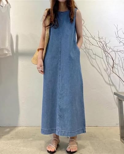 Geleglaer Denim Dress for Womens Sleeveless Jeans Maxi Dress Vintage Casual Loose Tank Dress with Pockets 2024 Summer2