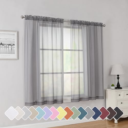 Image of Simplebrand Rod Pocket Top Solid Voile Sheer Curtains for Bedroom, 54 Inch Length Drapes Set of 2, Lightweight and Light Filtering Elegant Ivory Curtains Panels Window Treatment, 42Wx54L, Grey