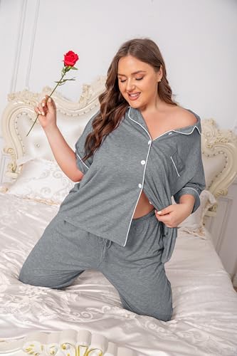 Image of Vozanet Women Plus Size Pajamas Button Down Rayon Softness PJS Classic Sleepwear Short Long Loungewear 2pcs with Pockets