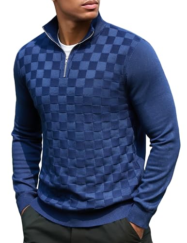 COOFANDY Quarter Zip Pullover Men Dress Sweaters Long Sleeve Jacquard Checkered Sweater