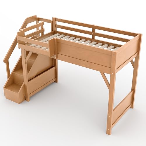Image of KEIKI Solid Wood Twin Size Loft Bed Frame with Stairs, Built-in Wardrobe and Storage Space, Twin Loft Bed with Shelves, Full-Length Guardrails, No Box Spring Needed for Bedroom, Antique Natural