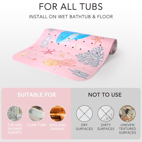 Image of PRATIQUE Kids Bath Mat for Tub Non Slip，40 X 16 Inch Extra Long Kids Bathtub Mat Ocean Bathtub Shower Mat Safety Anti Slip with Suction Cups and Drain Holes, Machine Washable(Pink Whale)