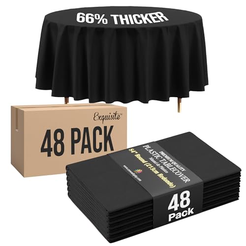 Image of Exquisite 66% Thicker Premium Black Round Tablecloths Plastic Table Cloth Disposable 48 Pack 84 inch Round Table Cloth Disposable Black Tablecloths Won't Tear Easily Like Cheap Thin Brands | Plastic Tablecloth, Disposable Table Covers Round for Parties, Weddings, Holidays & Party Supplies