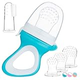 Fruchtsauger Baby & Kleinkind + 3 Silikon-Sauger in 3 Größen + 1 Baby-Zahnbürste Gratis - Zahnungshilfe Baby Schnuller Beißring Obstsauger Gemüse Brei Beikost (Blau/Weiss)