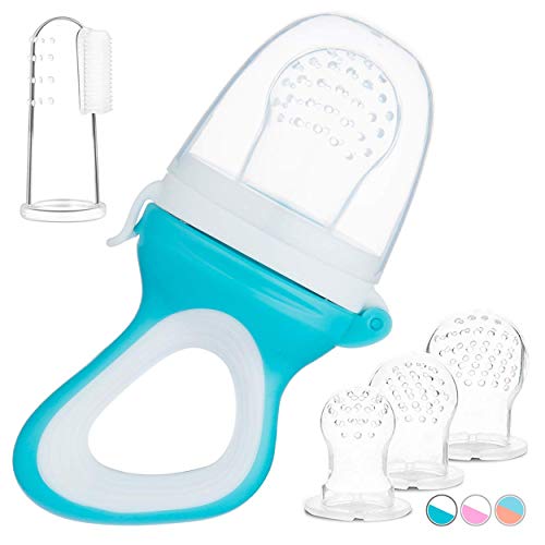 Fruchtsauger Baby & Kleinkind + 3 Silikon-Sauger in 3 Größen + 1 Baby-Zahnbürste Gratis - Zahnungshilfe Baby Schnuller Beißring Obstsauger Gemüse Brei Beikost (Blau/Weiss) Cover