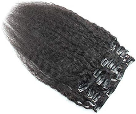 Keyu Virgin Human Hair Kinkys Straight Clip in Hair Extensions Coarse Yaki Brazilian Hair Kinky Straight Clip ins 7Pcs/Set 70Gram (18inch, Natural Black #1B)