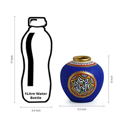 Image of ExclusiveLane El-006-013 Earthenware Warli Handpainted Living Room and Home Decorative Matki Shaped Flower Terracotta Round Vase (Blue, 13.97 Cm X 13.97 Cm X 15.24 Cm)