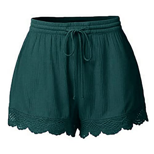 Short Femme Ete Couleur Unie Bordure En Dentelle Shorts Et Bermudas Avec Poches Et Cordon De Serrage Pantalon Court Elastique Confortable Et Respirant ExtéRieur DéContractéE