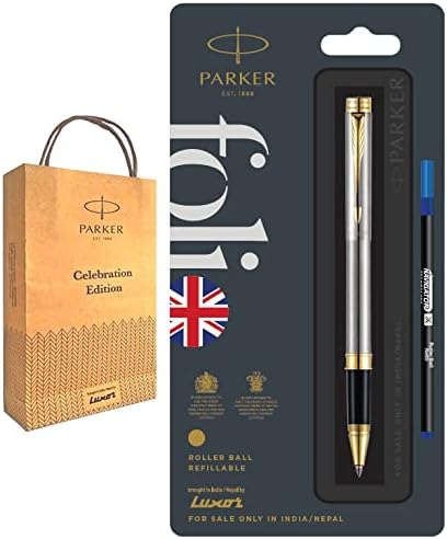 Parker Folio Stainless Steel Gold Trim Roller Pen with Gift Bag