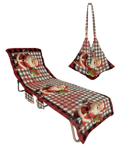 Christmas Beach Lounge Chair Towel Cover, Soft Chaise Lounge Towel with Side Pockets Patio Pool Chairs Cover for Beach/Pool Sunbathing 29x85 Red Black Plaid Santa Gifts Xmas Winter Snowflake