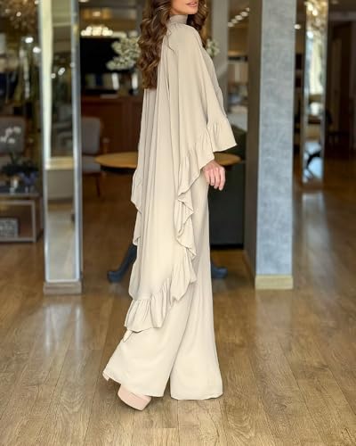CHICME 2 Pieces Outfits for Women High-Low Ruffles Hem Cape Top and Casual Wide Leg Pants Travel Matching Sets - Image 3
