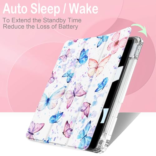 Feams Case for iPad (A16) 11th Generation 11 Inch 2025, iPad 10th Generation 10.9 Inch 2022, Slim iPad A16 Case Clear Back Cover with Pencil Holder & Auto Sleep, Pink Blue Butterflies by Feams - Image 4