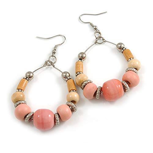 Pendientes de aro de cerámica rosa y madera natural en tono plateado