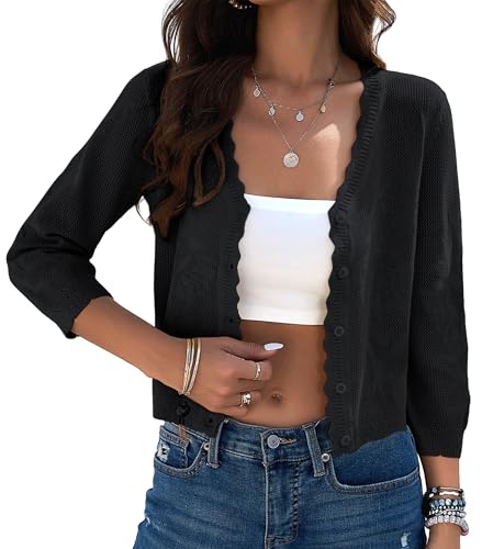 Image of Women Crop Cardigan Sweaters Lightweight 3 /4 Sleeve Button Up Crochet Shrug | Textured Bolero For Dresses Dressy Casual, V Neck, Ladies Eyelet Shawl Thin Trendy