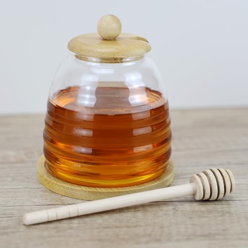 EIKS Barattolo per miele in vetro con cucchiaio in legno, base e coperchio per conservare marmellate di sciroppo di miele, capacità 350 ml
