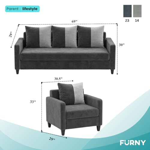 Image of FURNY Rion 3 Seater + 1 Seater + 1 Seater Fabric Sofa Set (Dark Gray-Light Gray) with Velvet Finish | Durable Comfort | Ideal for Living Room